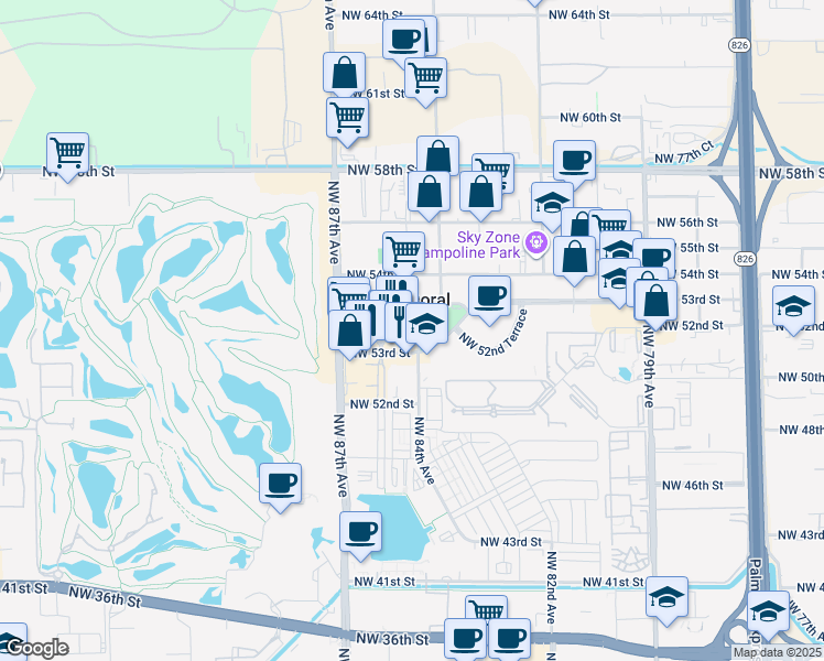 map of restaurants, bars, coffee shops, grocery stores, and more near 8410 Northwest 53rd Terrace in Doral