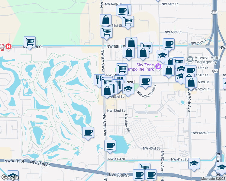map of restaurants, bars, coffee shops, grocery stores, and more near 8600 Northwest 53rd Terrace in Miami
