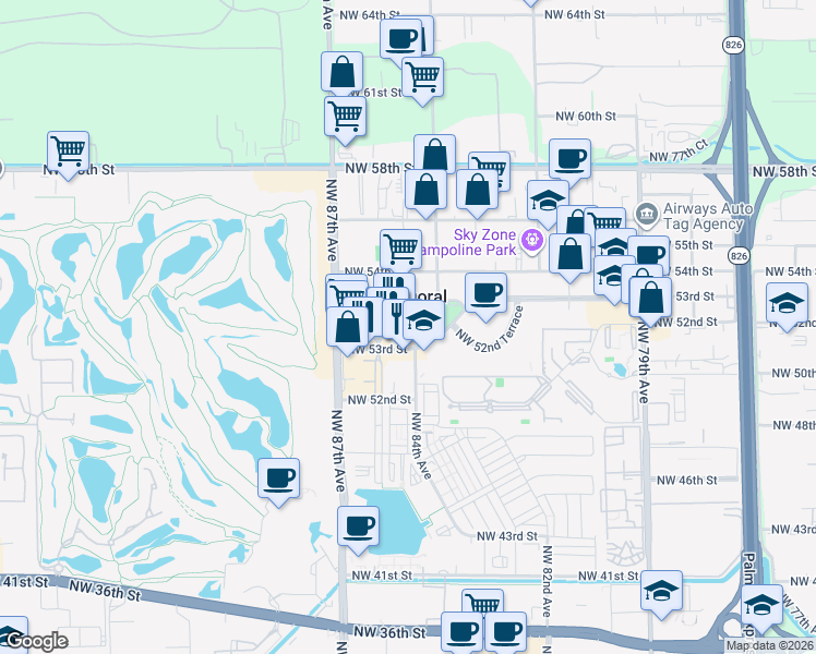 map of restaurants, bars, coffee shops, grocery stores, and more near 8410 Northwest 53rd Terrace in Doral