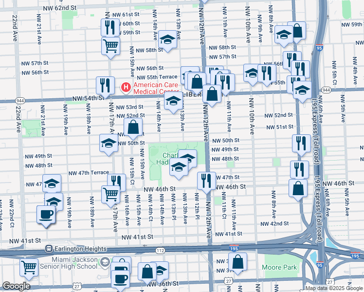 map of restaurants, bars, coffee shops, grocery stores, and more near 1350 Northwest 50th Street in Miami