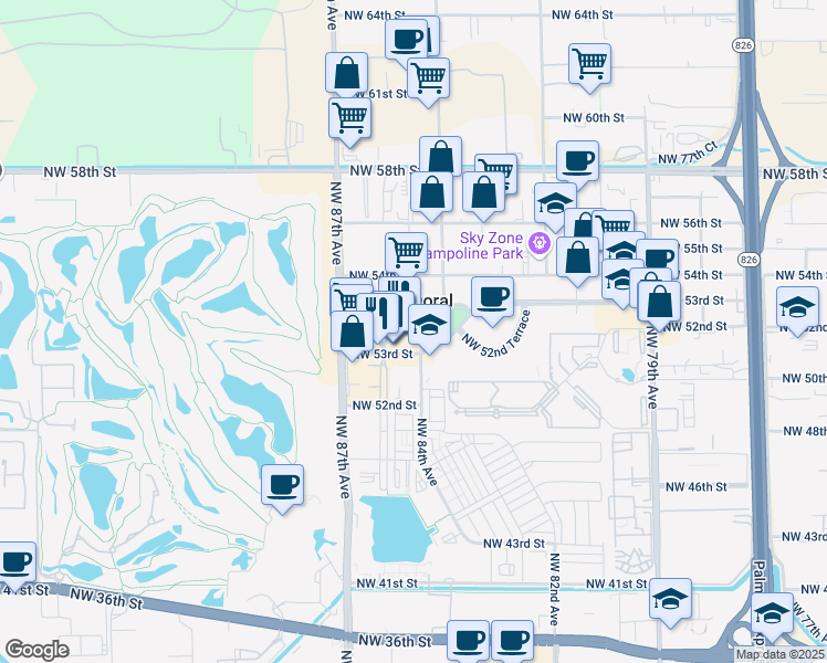 map of restaurants, bars, coffee shops, grocery stores, and more near 8410 Northwest 53rd Terrace in Doral
