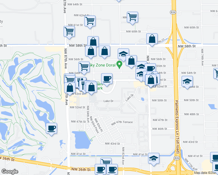 map of restaurants, bars, coffee shops, grocery stores, and more near 8247 Northwest 52nd Terrace in Doral