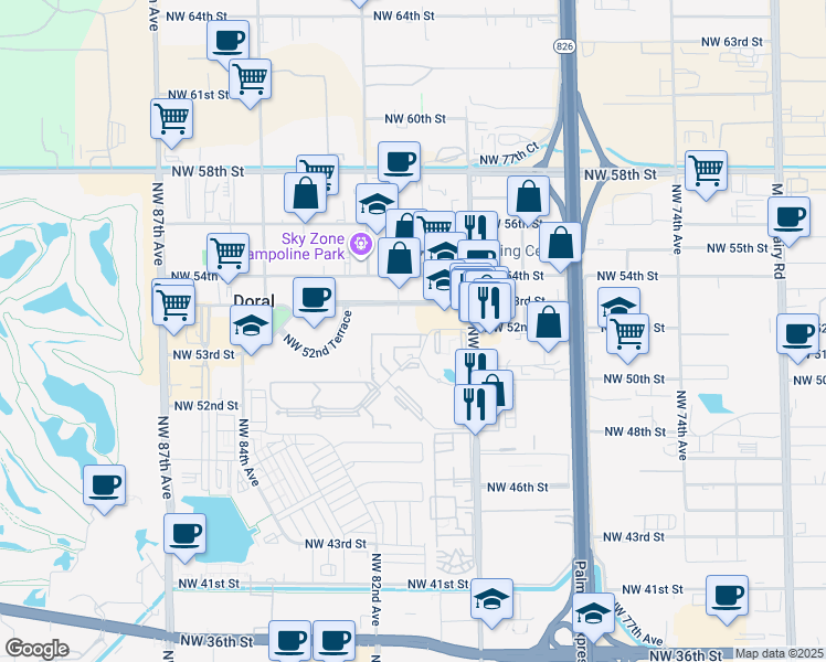 map of restaurants, bars, coffee shops, grocery stores, and more near 8070 Northwest 53rd Street in Miami