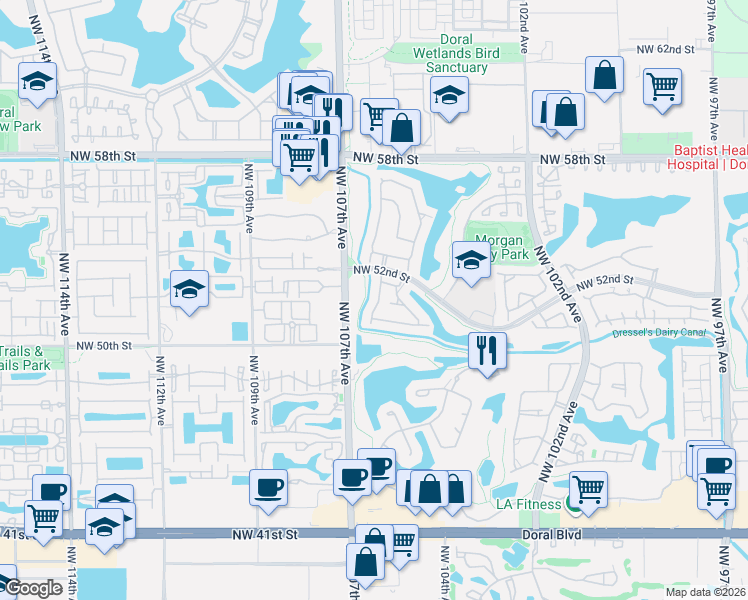 map of restaurants, bars, coffee shops, grocery stores, and more near 5156 Northwest 106th Avenue in Doral