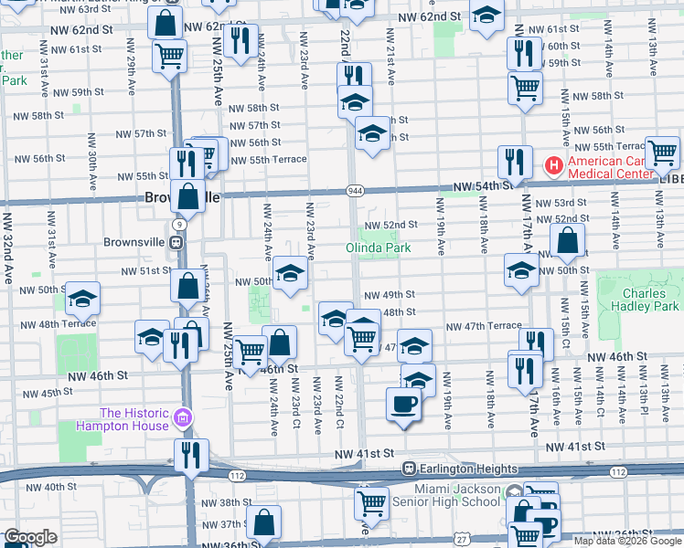map of restaurants, bars, coffee shops, grocery stores, and more near 2240 Northwest 51st Street in Miami