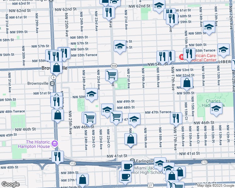 map of restaurants, bars, coffee shops, grocery stores, and more near 2172 Northwest 51st Street in Miami
