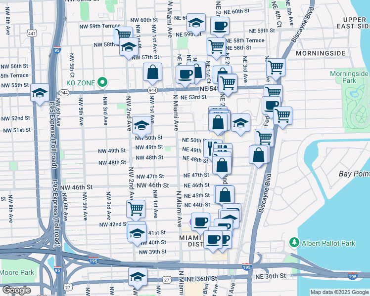 map of restaurants, bars, coffee shops, grocery stores, and more near 60 Northeast 50th Street in Miami