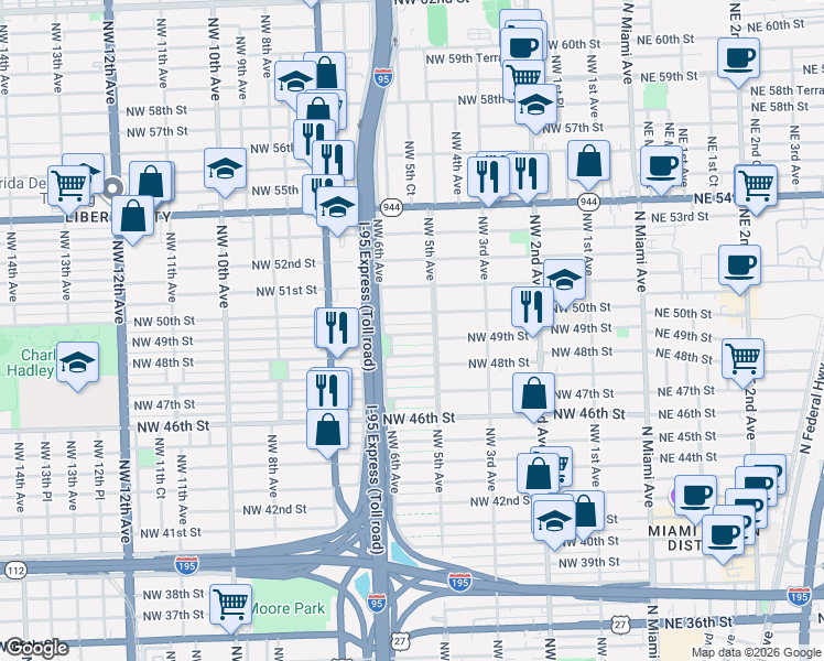 map of restaurants, bars, coffee shops, grocery stores, and more near 552 Northwest 50th Street in Miami