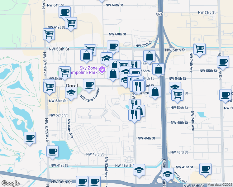 map of restaurants, bars, coffee shops, grocery stores, and more near 8070 Northwest 53rd Street in Miami
