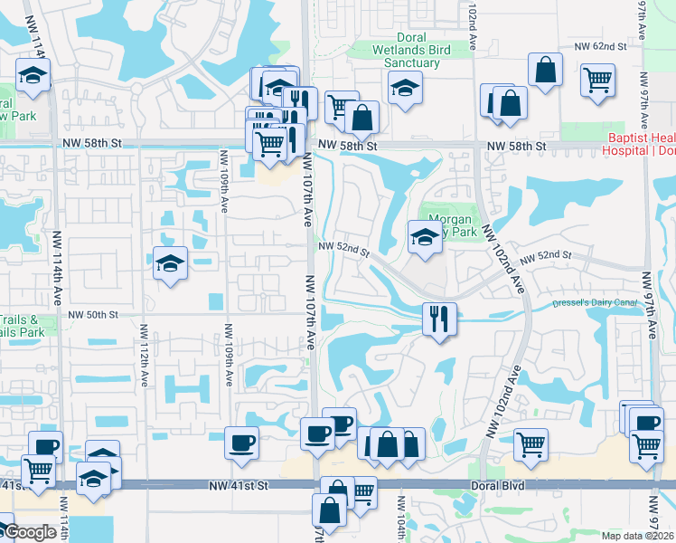 map of restaurants, bars, coffee shops, grocery stores, and more near 5156 Northwest 106th Avenue in Doral