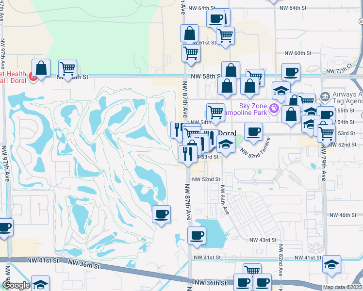 map of restaurants, bars, coffee shops, grocery stores, and more near 5300 Northwest 87th Avenue in Doral