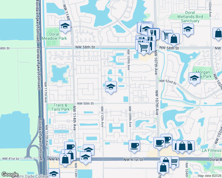 map of restaurants, bars, coffee shops, grocery stores, and more near 5225 Northwest 112th Avenue in Doral