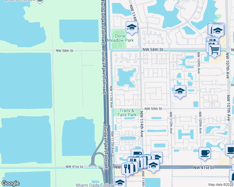 map of restaurants, bars, coffee shops, grocery stores, and more near 11625 Northwest 51st Lane in Doral