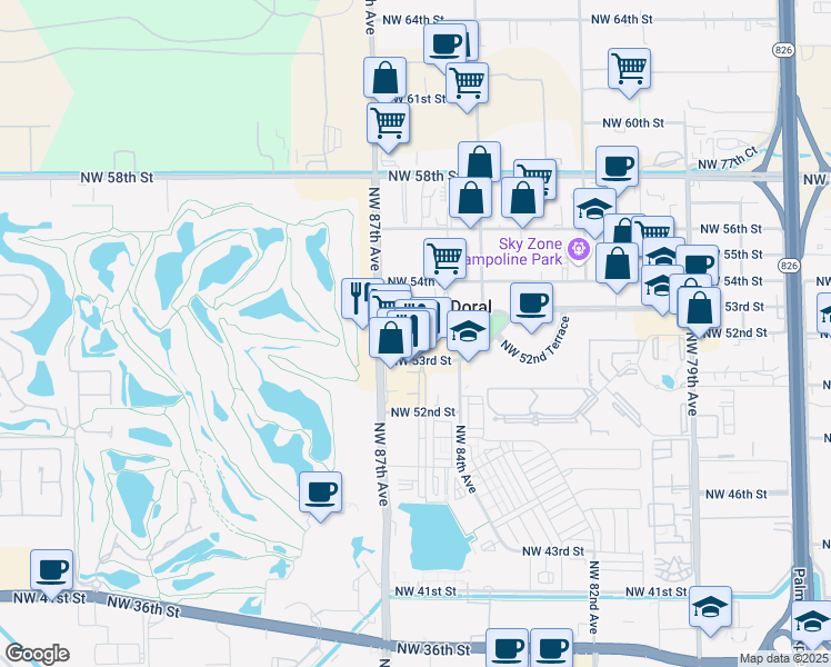 map of restaurants, bars, coffee shops, grocery stores, and more near 8600 Northwest 53rd Terrace in Miami