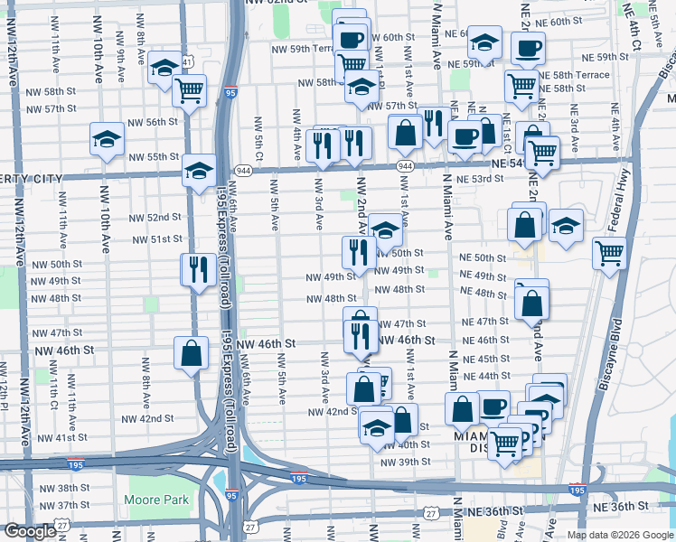 map of restaurants, bars, coffee shops, grocery stores, and more near 233 Northwest 49th Street in Miami