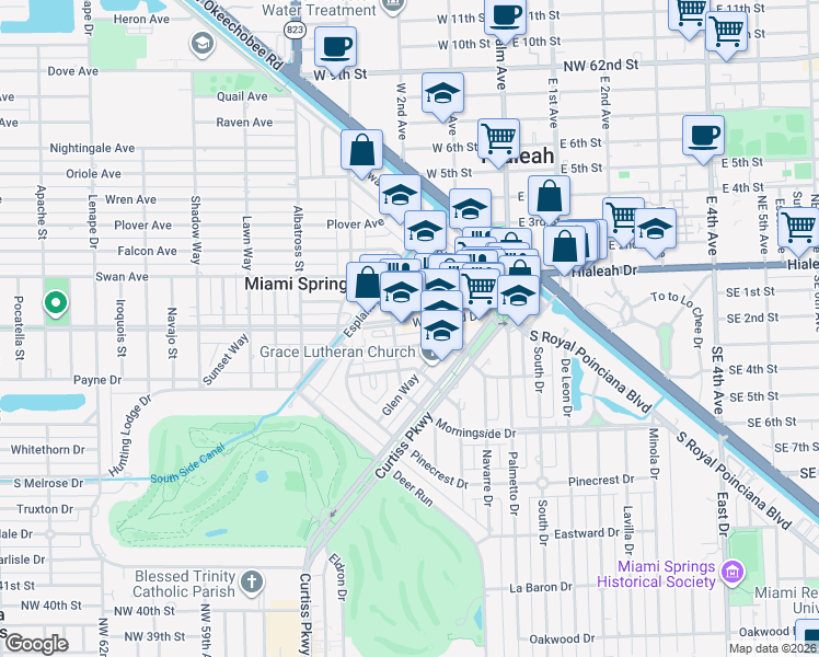 map of restaurants, bars, coffee shops, grocery stores, and more near 260 Westward Drive in Miami Springs