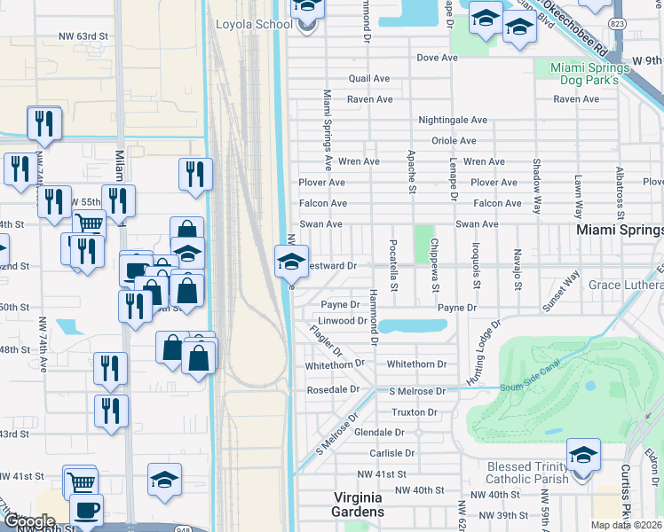 map of restaurants, bars, coffee shops, grocery stores, and more near 181 Miami Springs Avenue in Miami Springs