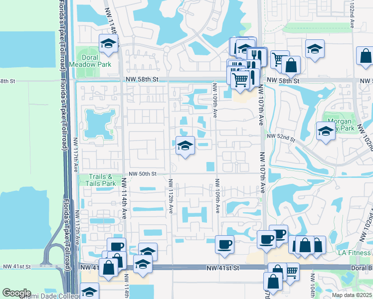 map of restaurants, bars, coffee shops, grocery stores, and more near 5225 Northwest 112th Avenue in Doral