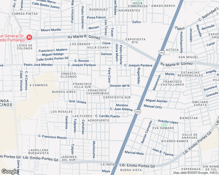 map of restaurants, bars, coffee shops, grocery stores, and more near Avenida Marte R. Gómez in Matamoros