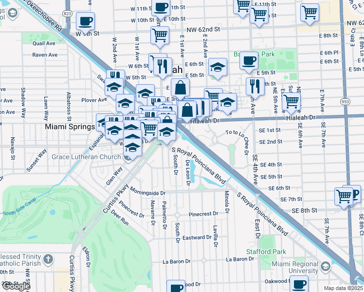 map of restaurants, bars, coffee shops, grocery stores, and more near 95 Hook Square in Miami Springs