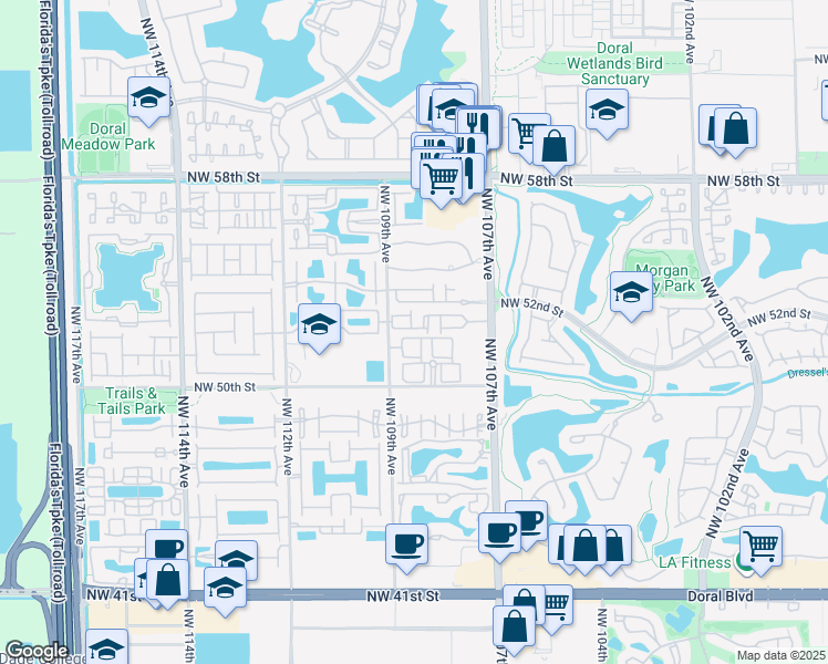 map of restaurants, bars, coffee shops, grocery stores, and more near 10873 Northwest 51st Lane in Doral
