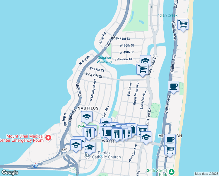 map of restaurants, bars, coffee shops, grocery stores, and more near 4590 Meridian Avenue in Miami Beach