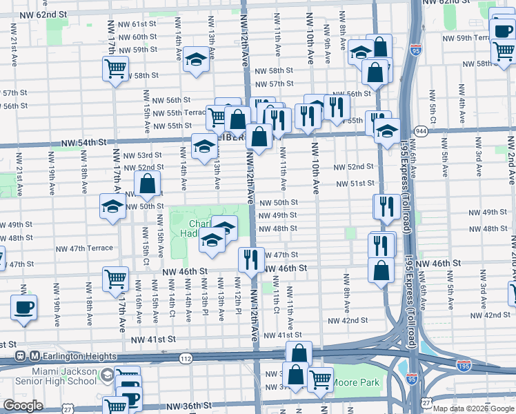 map of restaurants, bars, coffee shops, grocery stores, and more near 1170 Northwest 50th Street in Miami