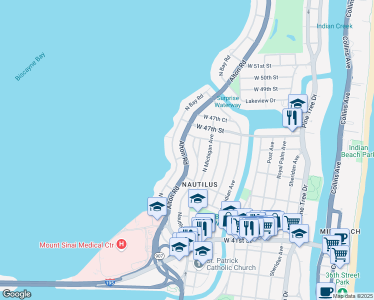 map of restaurants, bars, coffee shops, grocery stores, and more near 4535 Alton Road in Miami Beach