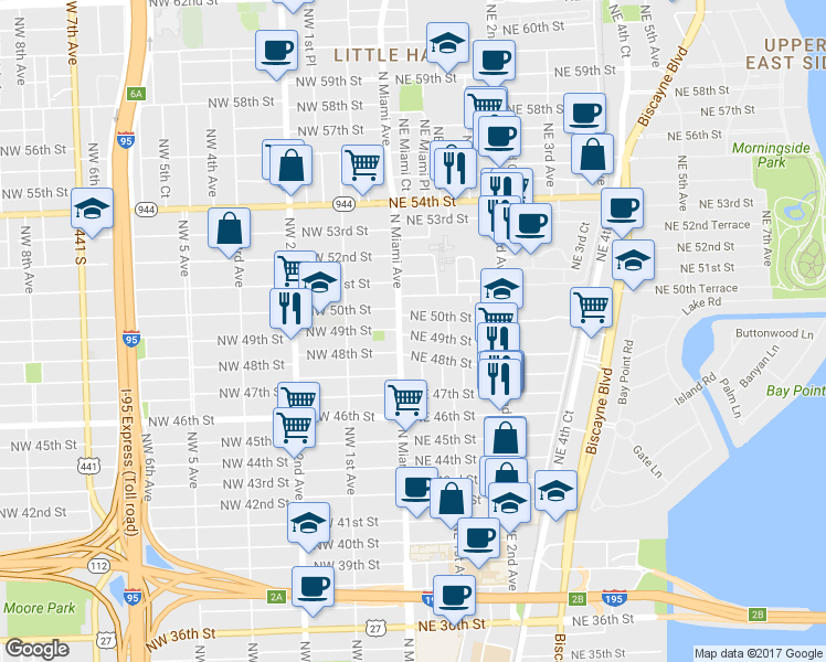 map of restaurants, bars, coffee shops, grocery stores, and more near 60 Northeast 50th Street in Miami