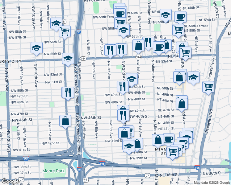 map of restaurants, bars, coffee shops, grocery stores, and more near 233 Northwest 49th Street in Miami