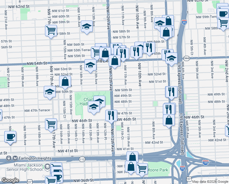 map of restaurants, bars, coffee shops, grocery stores, and more near 1170 Northwest 50th Street in Miami