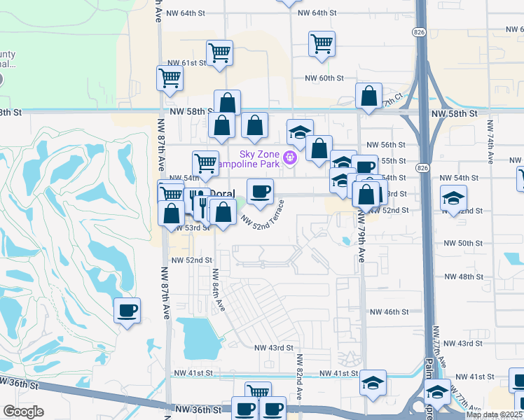 map of restaurants, bars, coffee shops, grocery stores, and more near 8247 Northwest 52nd Terrace in Doral