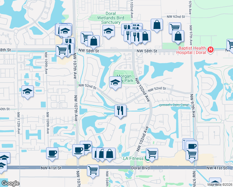 map of restaurants, bars, coffee shops, grocery stores, and more near 10415 Northwest 52nd Street in Doral