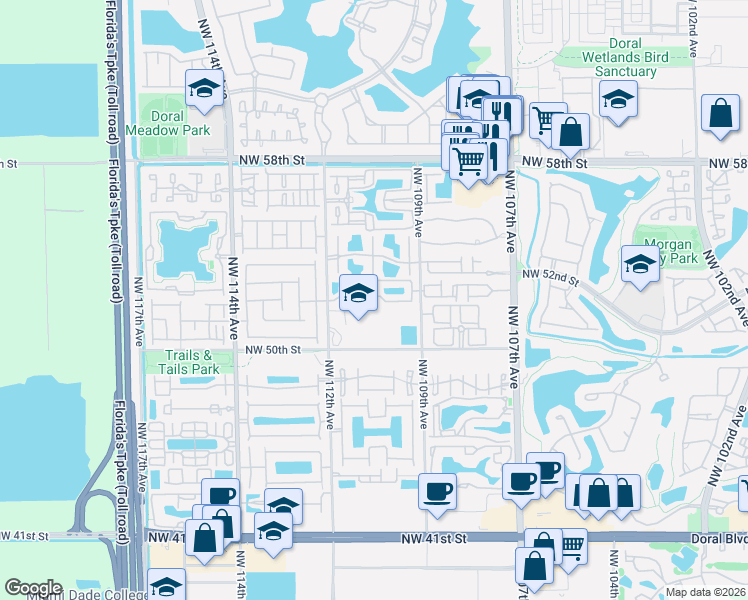 map of restaurants, bars, coffee shops, grocery stores, and more near 5225 Northwest 112th Avenue in Doral