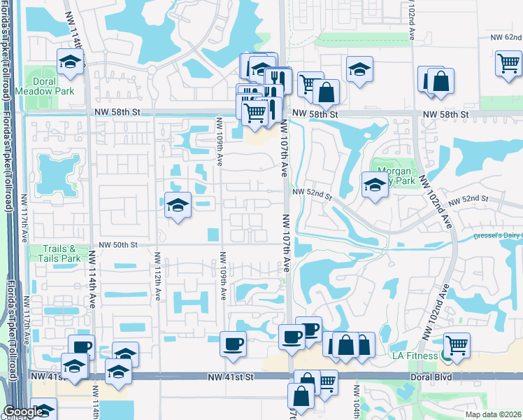 map of restaurants, bars, coffee shops, grocery stores, and more near 10819 Northwest 51st Lane in Doral
