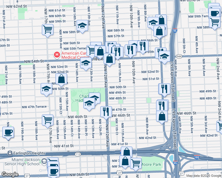 map of restaurants, bars, coffee shops, grocery stores, and more near 1170 Northwest 50th Street in Miami
