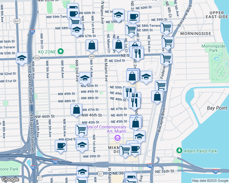 map of restaurants, bars, coffee shops, grocery stores, and more near 53 Northeast 49th Street in Miami