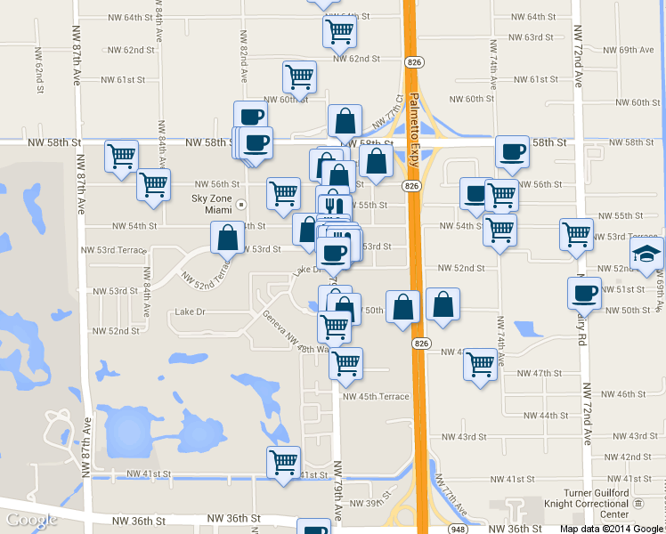 map of restaurants, bars, coffee shops, grocery stores, and more near 5209 Northwest 79th Avenue in Doral