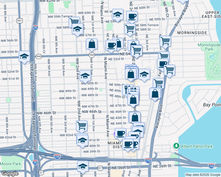 map of restaurants, bars, coffee shops, grocery stores, and more near 60 Northeast 50th Street in Miami