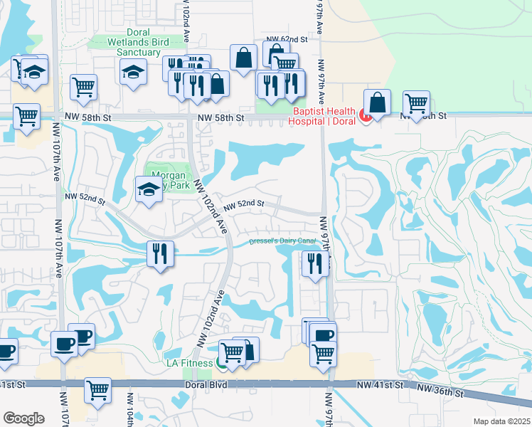 map of restaurants, bars, coffee shops, grocery stores, and more near 10001 Northwest 51st Lane in Doral