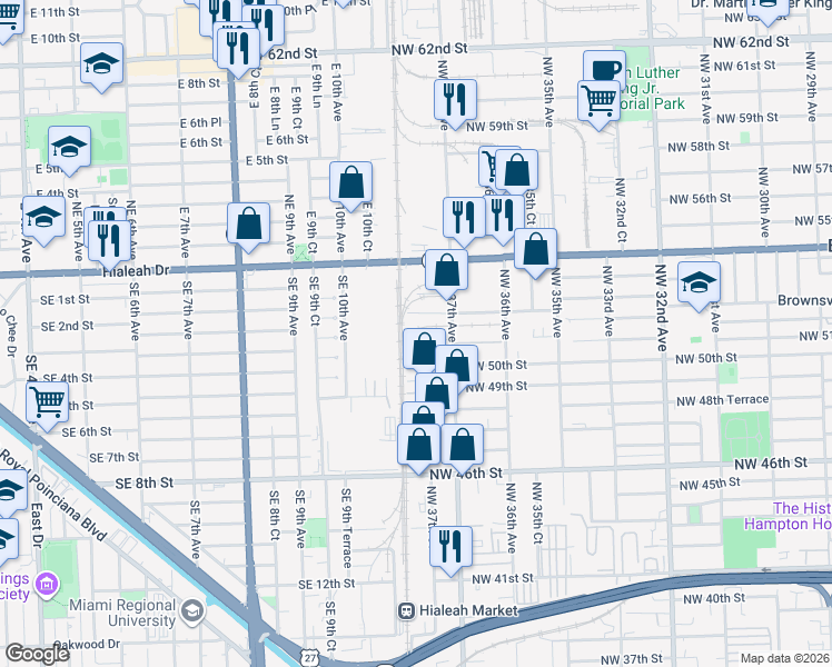 map of restaurants, bars, coffee shops, grocery stores, and more near 3780 Northwest 52nd Street in Miami