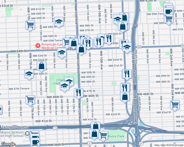 map of restaurants, bars, coffee shops, grocery stores, and more near 4931 Northwest 11th Avenue in Miami