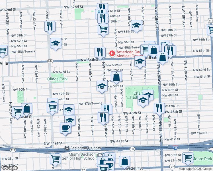 map of restaurants, bars, coffee shops, grocery stores, and more near 1705 Northwest 50th Street in Miami