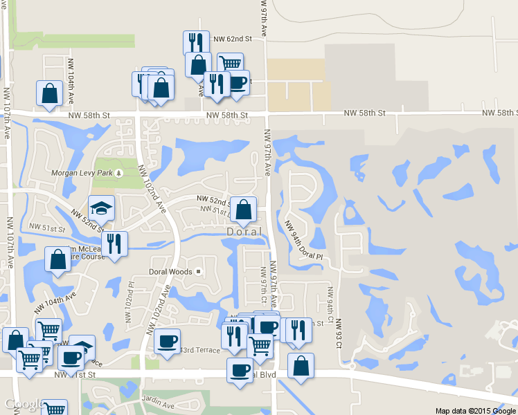 map of restaurants, bars, coffee shops, grocery stores, and more near 9731-9781 Northwest 52nd Street in Doral