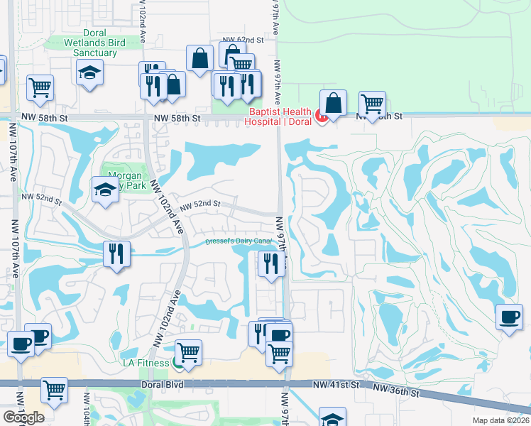 map of restaurants, bars, coffee shops, grocery stores, and more near 9771 Northwest 51st Lane in Doral