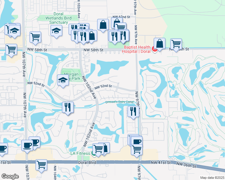 map of restaurants, bars, coffee shops, grocery stores, and more near 10001 Northwest 51st Lane in Doral