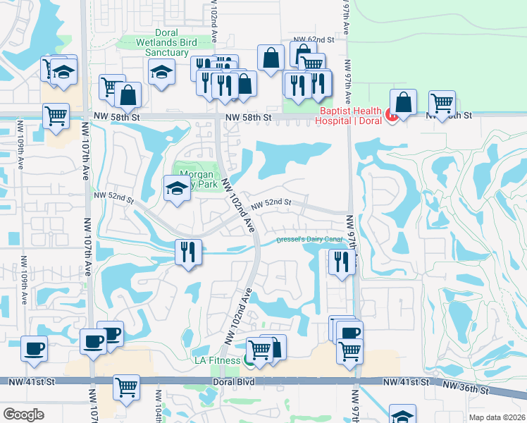 map of restaurants, bars, coffee shops, grocery stores, and more near 10151 Northwest 51st Lane in Doral