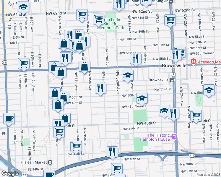 map of restaurants, bars, coffee shops, grocery stores, and more near 3257 Northwest 51st Street in Miami