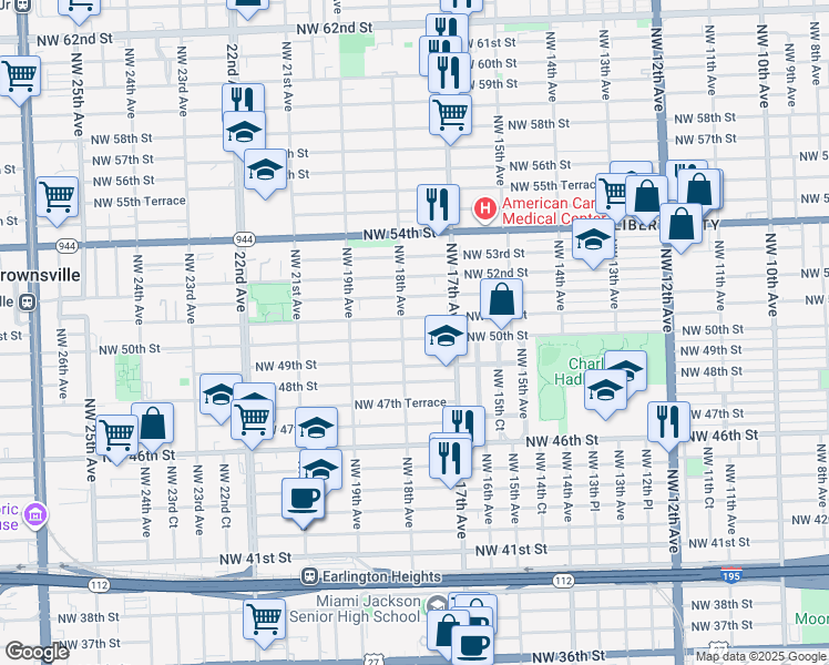 map of restaurants, bars, coffee shops, grocery stores, and more near 1775 Northwest 50th Street in Miami