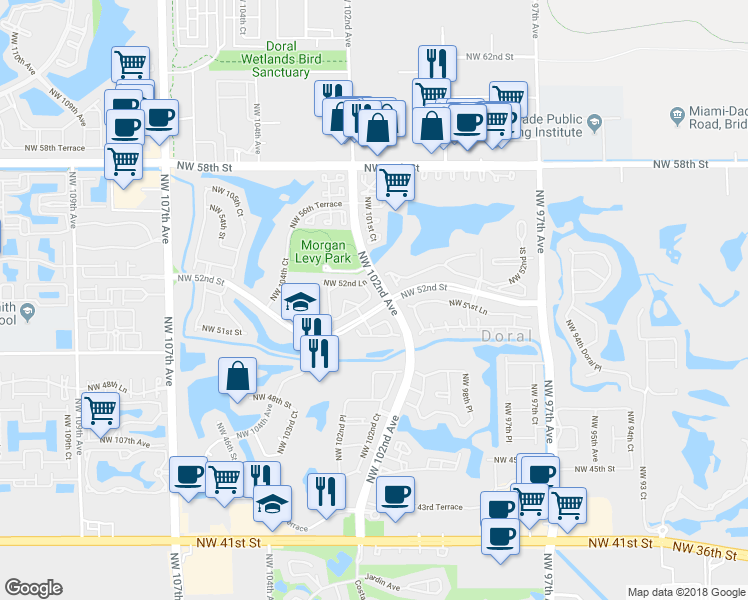 map of restaurants, bars, coffee shops, grocery stores, and more near 10212 Northwest 52nd Terrace in Doral